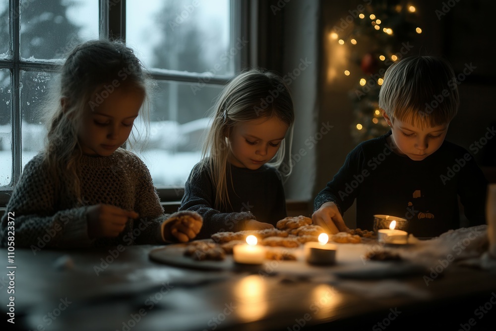 Three children concentrate on decorating baked goods at a table illuminated by soft candlelight. The ambiance is warm and inviting, with snow visible outside, creating a perfect winter activity.