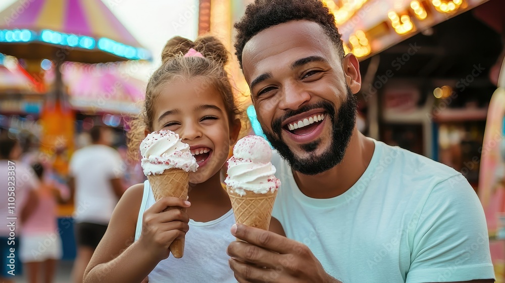 Father and daughter sharing ice cream at a vibrant neon-lit carnival, surrounded by bright lights and smiling faces, Neon, Photography, Warm Father and daughter sharing ice cream at a vibrant neon-lit carnival, surrounded by bright lights and smiling faces, Neon, Photography, Warm