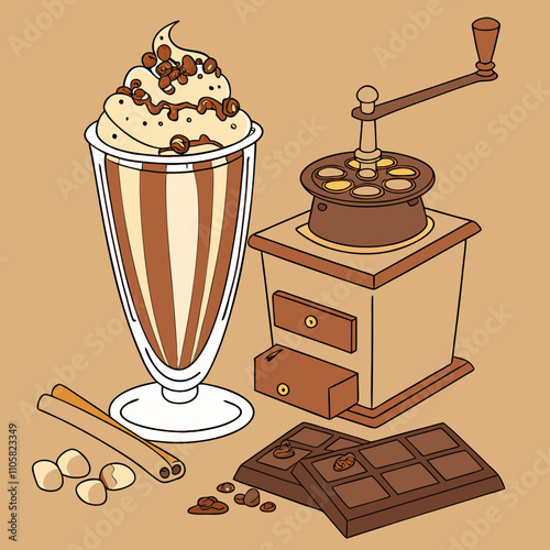 Sweet  milkshake with caramel syrup cream liqueur on white background