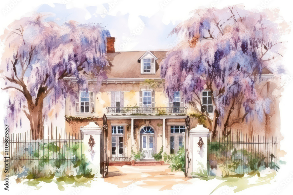 beautiful house with large windows and light walls. The house is surrounded by a garden with flowering lilac trees that frame the view. beautiful house with large windows and light walls. The house is surrounded by a garden with flowering lilac trees that frame the view.