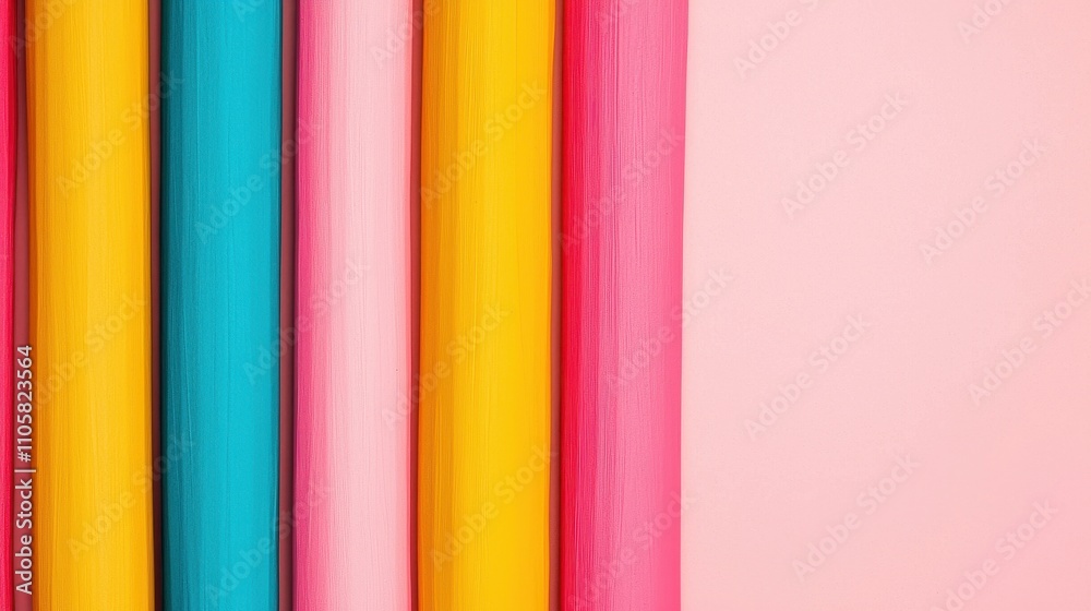 Obraz premium Vibrant Colorful Rolls of Paper Against Soft Pink Background for Creative Projects