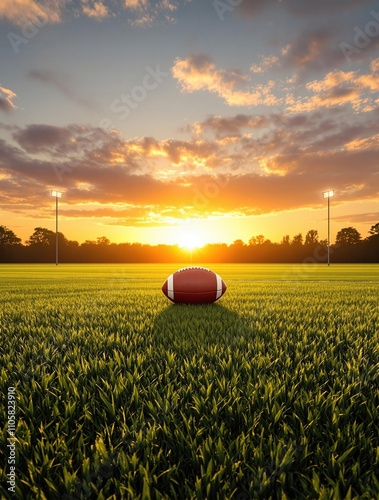 Football field at sunset with an American football ball in the center, warm, autumn, sun, stadium, field