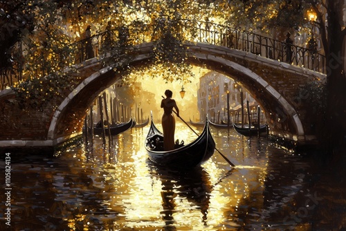 Breathtaking oil painting, a graceful woman glides serenely in a gondola along the enchanting canals