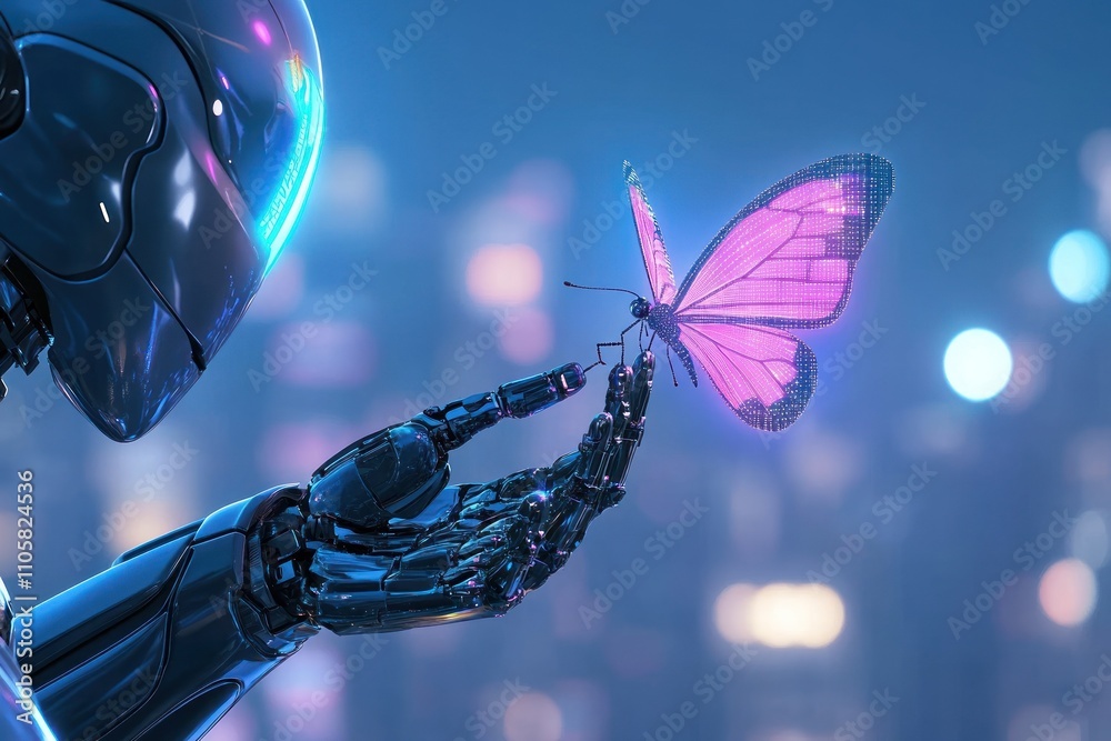 Futuristic robot hand with glowing butterfly, night city