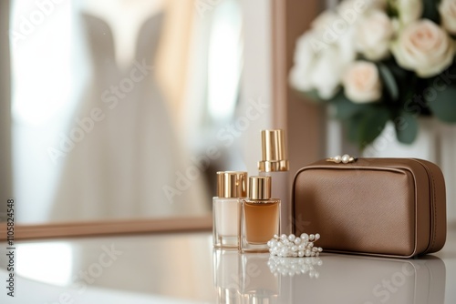 A fashionable collection of chic perfume bottles and elegant accessories positioned on a vanity table, embodying the essence of beauty and personal expression. photo