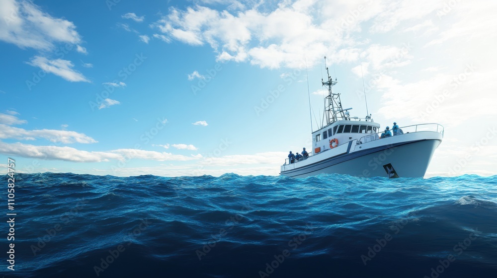 A Tranquil Scene of a Fishing Vessel Navigating Through Gentle Ocean Waves Under a Bright Blue Sky and Fluffy White Clouds on a Sunny Day A Tranquil Scene of a Fishing Vessel Navigating Through Gentle Ocean Waves Under a Bright Blue Sky and Fluffy White Clouds on a Sunny Day