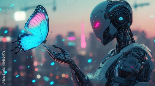 Futuristic robot interacts gently with vibrant butterfly