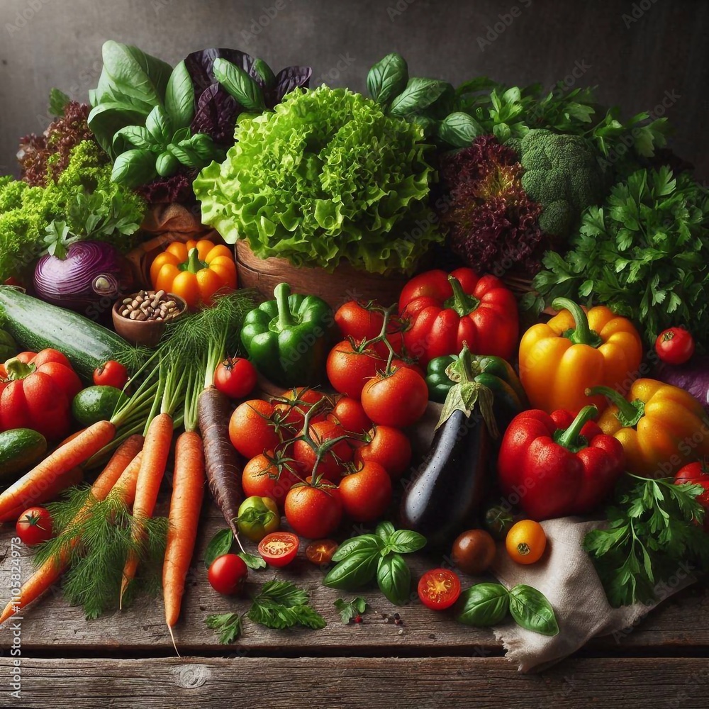 Vibrant Farm-Fresh Vegetables on a Rustic Wooden Table Vibrant Farm-Fresh Vegetables on a Rustic Wooden Table