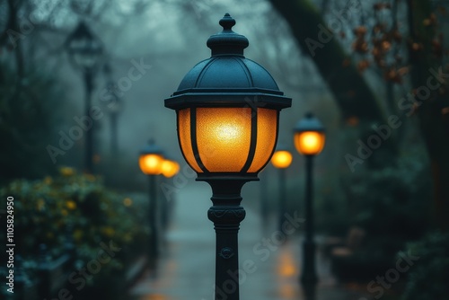 A quiet street at dusk, with street lamps glowing softly, creating an inviting yet introspective mood 