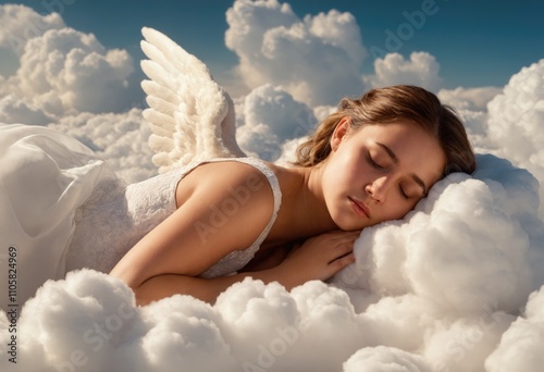 Angel girl sleeping on the clouds