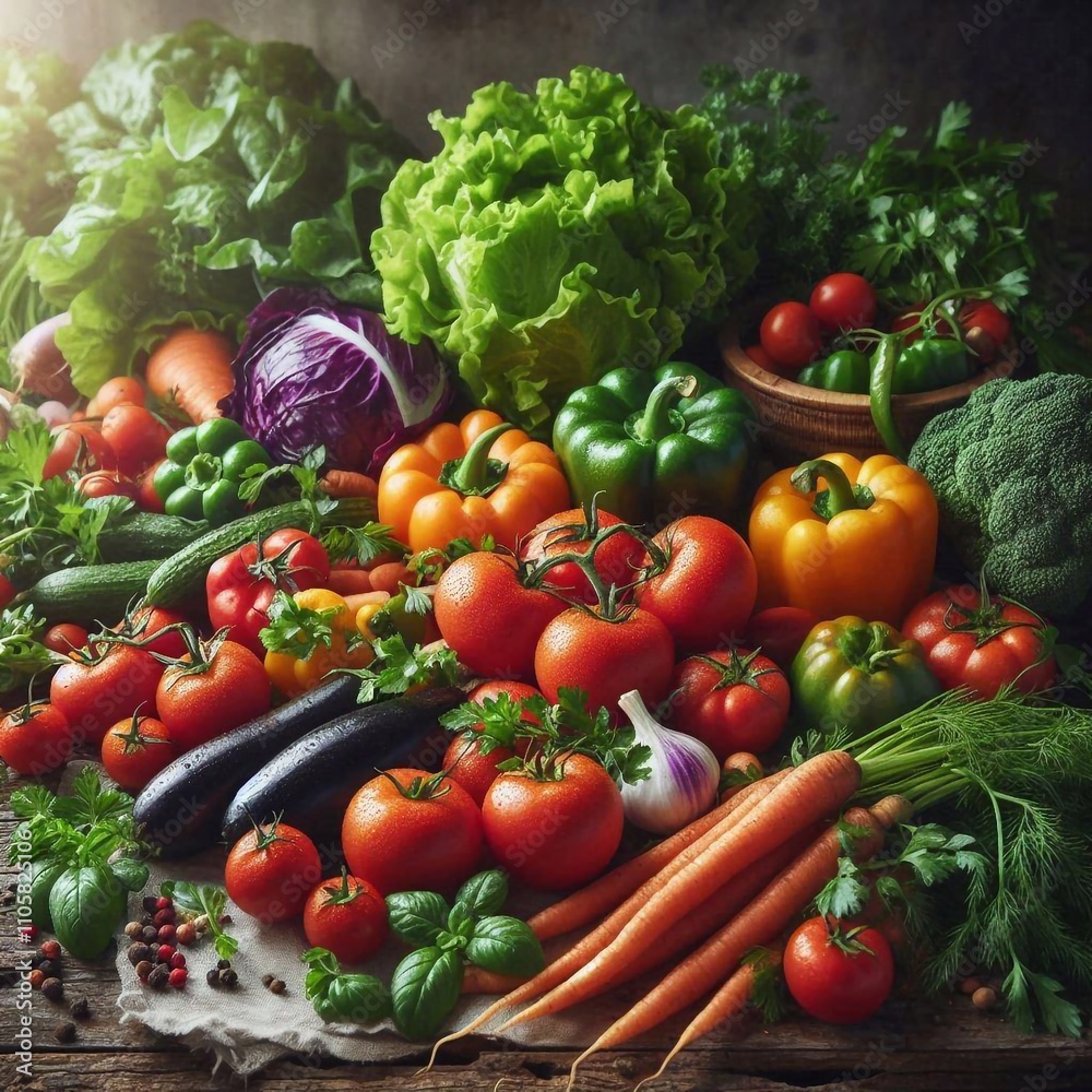 Vibrant Farm-Fresh Vegetables on a Rustic Wooden Table Vibrant Farm-Fresh Vegetables on a Rustic Wooden Table