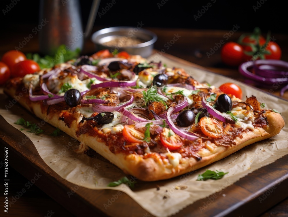 Delicious Homemade Rectangular Pizza with Tomatoes, Olives, and Onions Delicious Homemade Rectangular Pizza with Tomatoes, Olives, and Onions