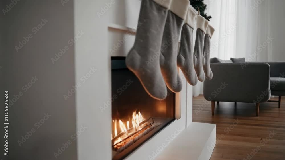 Minimalist Scandinavian Christmas decor with simple grey stockings hanging on a modern fireplace, creating a cozy and serene holiday atmosphere. Minimalist Scandinavian Christmas decor with simple grey stockings hanging on a modern fireplace, creating a cozy and serene holiday atmosphere.