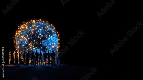 Silhouettes facing a glowing digital network globe.