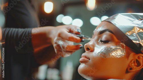 Makeup artist applying silver paint to model's face at studio. Model in silver hat with eye and cheek makeup. Artist works meticulously in bokeh-lit setting. photo