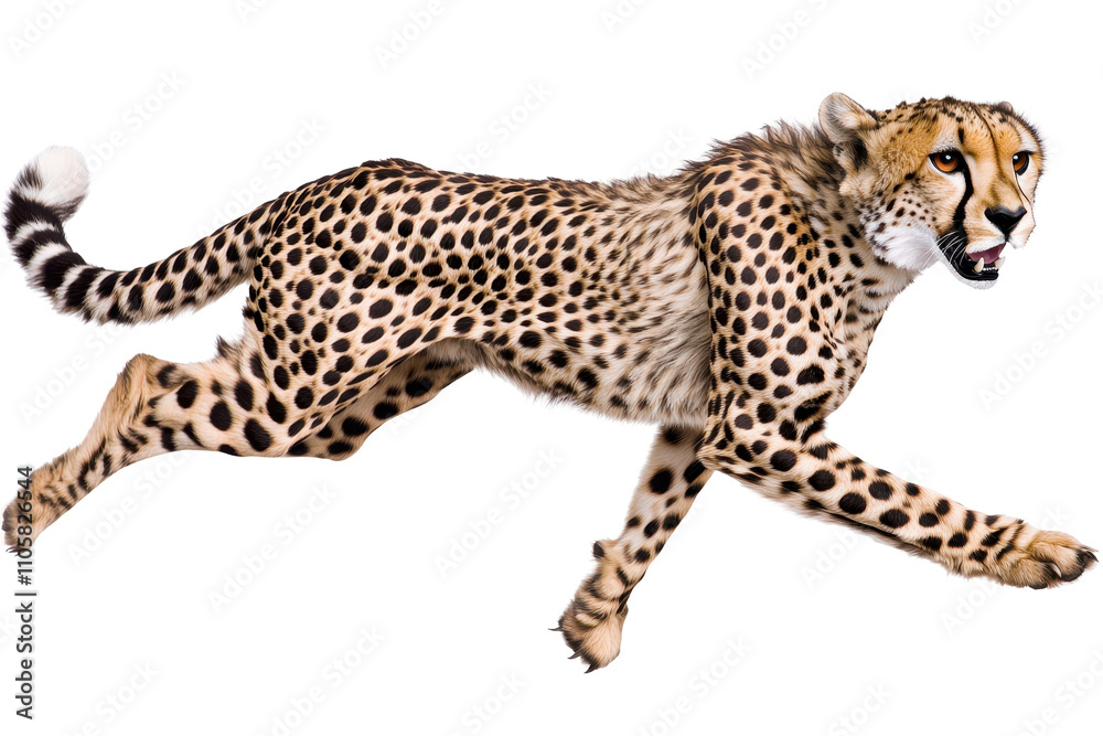 A cheetah running swiftly through its natural habitat, showcasing its elegance and speed. transparent background.