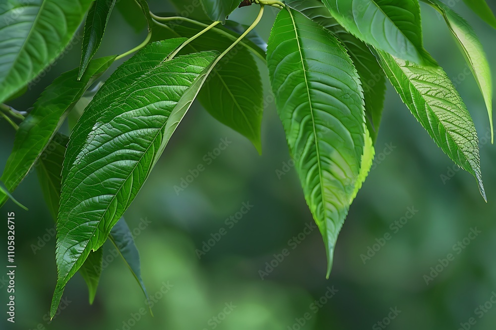 The elongated, pointed leaves of a peach tree, showing a fine serrated edge and a vibrant green hue The elongated, pointed leaves of a peach tree, showing a fine serrated edge and a vibrant green hue