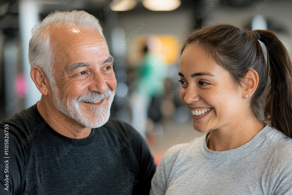 In a vibrant gym setting, a senior man and woman smile together, showcasing mutual encouragement and the positive atmosphere of fitness and health. In a vibrant gym setting, a senior man and woman smile together, showcasing mutual encouragement and the positive atmosphere of fitness and health.