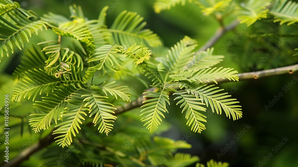 The feathery, light green leaves of a mimosa tree, arranged in a delicate, fern-like pattern The feathery, light green leaves of a mimosa tree, arranged in a delicate, fern-like pattern