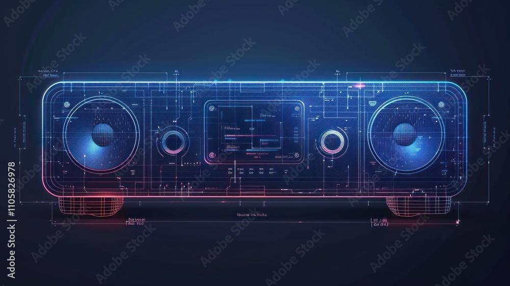 Fototapeta premium Futuristic stereo system with glowing circuit design.