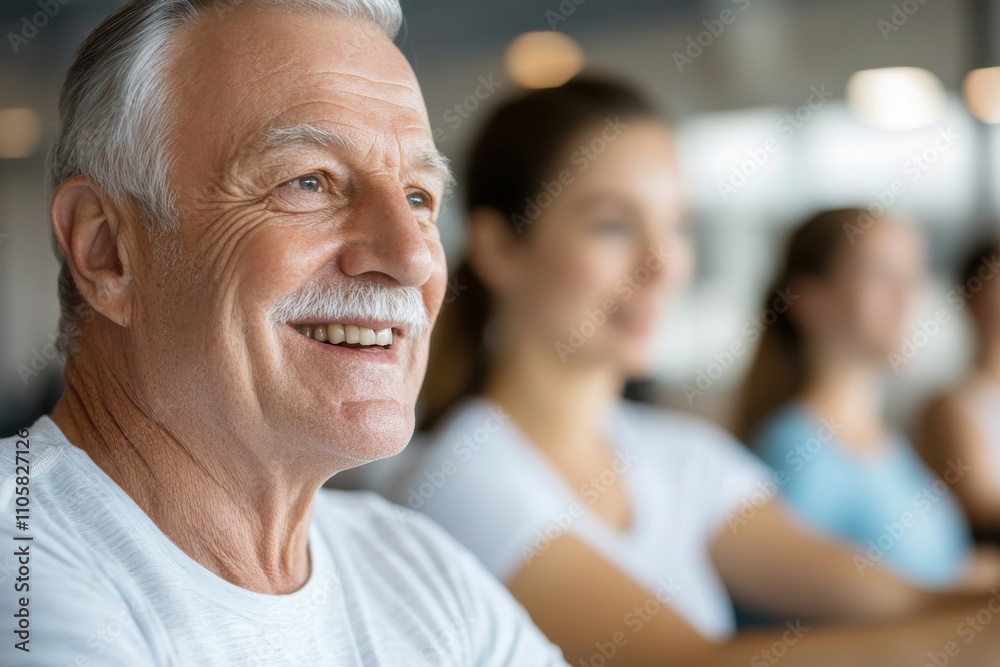 A joyful elderly man participates in a group exercise class, demonstrating the importance of community and physical activity for overall health and well-being. A joyful elderly man participates in a group exercise class, demonstrating the importance of community and physical activity for overall health and well-being.