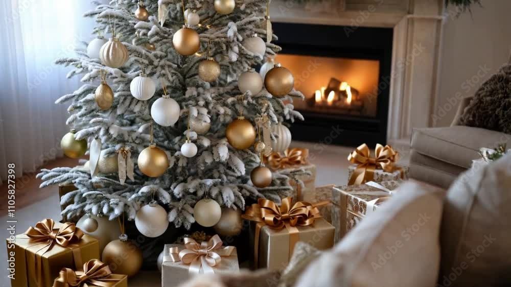 Elegant Christmas living room with a frosted Christmas tree with white and gold ornaments, beautiful wrapped gifts and cozy fireplace in a luxurious holiday atmosphere. Elegant Christmas living room with a frosted Christmas tree with white and gold ornaments, beautiful wrapped gifts and cozy fireplace in a luxurious holiday atmosphere.