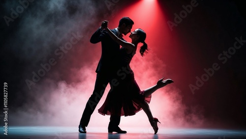 Couple in elegant attire gracefully dancing together on a stage, creating an enchanting moment of connection and love