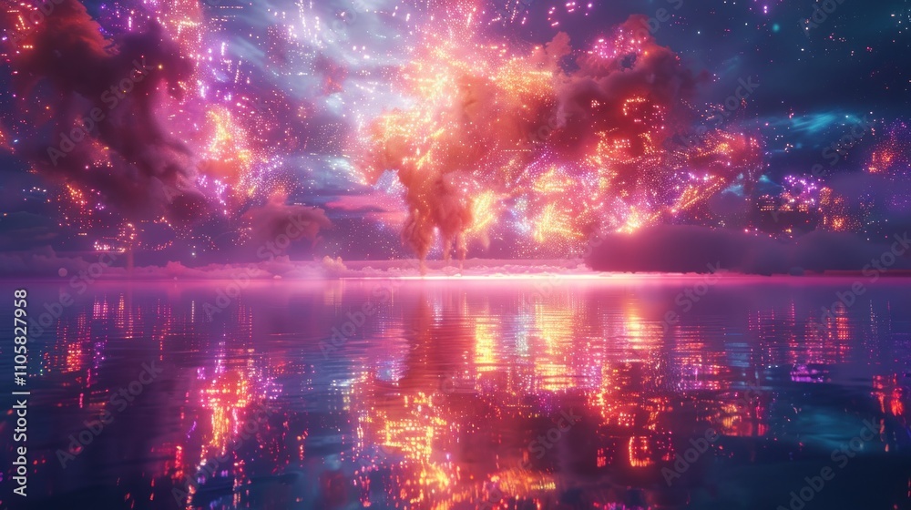 Fototapeta premium Vibrant explosion of color reflected in calm water.