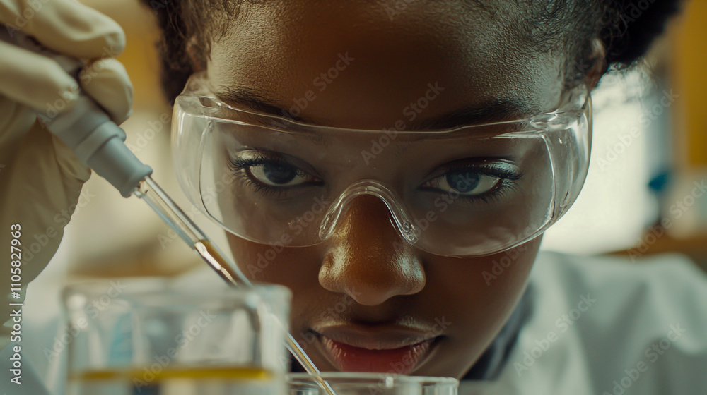 Close-up of a focused science student wearing protective gear, carefully dropping a liquid from a pipette into a beaker in a laboratory setting Close-up of a focused science student wearing protective gear, carefully dropping a liquid from a pipette into a beaker in a laboratory setting