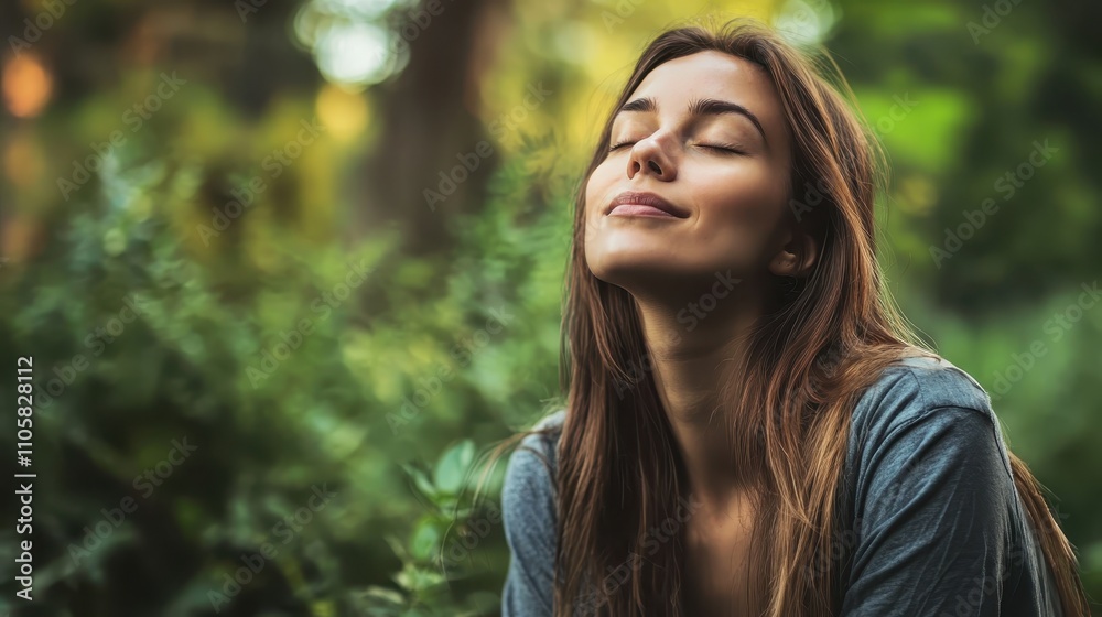 A woman enjoys a peaceful moment in a lush green forest, eyes closed, embracing nature's tranquility and serenity. A woman enjoys a peaceful moment in a lush green forest, eyes closed, embracing nature's tranquility and serenity.