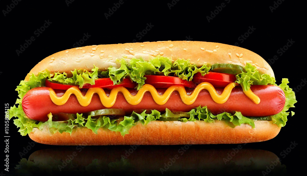 Big hotdog with sausage tomatoes, mustard and salad isolated on black background, Restaurant food menu Big hotdog with sausage tomatoes, mustard and salad isolated on black background, Restaurant food menu