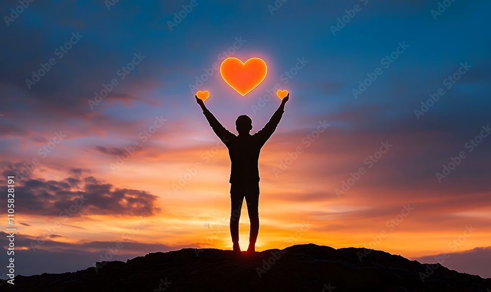 Hilltop Silhouette, a lone figure stands against a vibrant sunset, arms raised in triumph, embodying freedom and connection with nature. Hilltop Silhouette, a lone figure stands against a vibrant sunset, arms raised in triumph, embodying freedom and connection with nature.