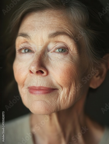 An elderly woman with silver hair and gentle features gazes thoughtfully. Her serene expression reflects wisdom and grace, highlighted by the soft lighting that accentuates her facial contours, inviti photo