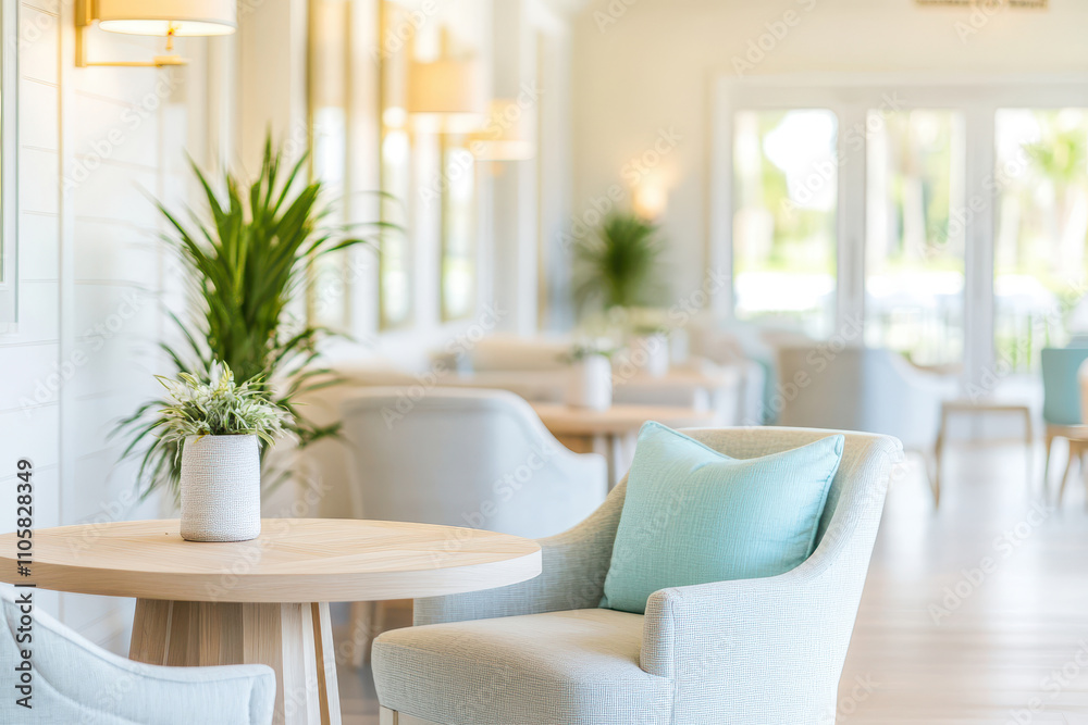 Fototapeta premium Bright and airy interior of a modern lounge with comfortable chairs and natural decor, perfect for relaxation and socializing.