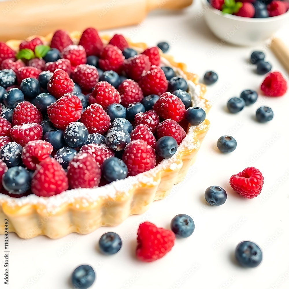 A Homemade Berry Tart With Fresh Fruit, Served on a Rustic Kitchen Table, Dessert Food Photography, Dessert Menu Style Photo Image A Homemade Berry Tart With Fresh Fruit, Served on a Rustic Kitchen Table, Dessert Food Photography, Dessert Menu Style Photo Image
