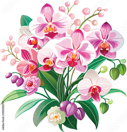 Bouquet Orchid flowers with branch vector art on white background. 