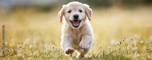 Adorable golden retriever puppy joyfully running in a sunny field, capturing the essence of playful innocence and boundless energy.