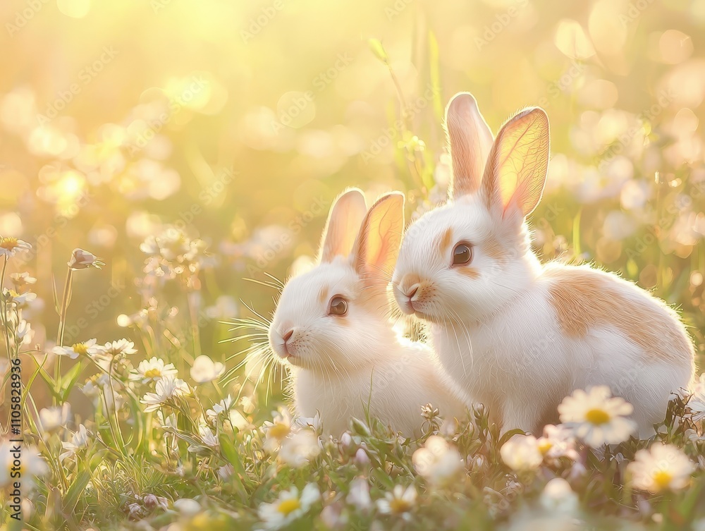 Adorable white rabbits sitting in a sunlit meadow with daisies, showcasing the peaceful beauty of nature and wildlife in a soft, golden light. Adorable white rabbits sitting in a sunlit meadow with daisies, showcasing the peaceful beauty of nature and wildlife in a soft, golden light.