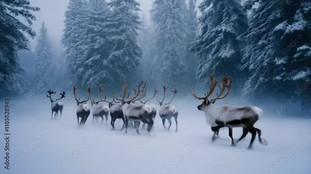 Reindeer herd galloping through a snowy forest during a snowstorm, their antlers standing tall against the backdrop of a peaceful winter wonderland. Video made using Generative AI Reindeer herd galloping through a snowy forest during a snowstorm, their antlers standing tall against the backdrop of a peaceful winter wonderland. Video made using Generative AI