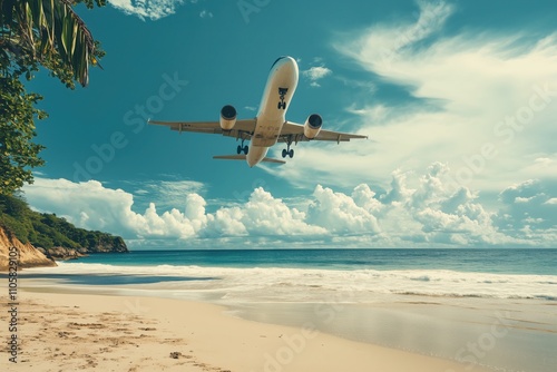 On a gorgeous sunny day with clouds and turquoise water, a white passenger plane is approaching a tropical beach for landing photo