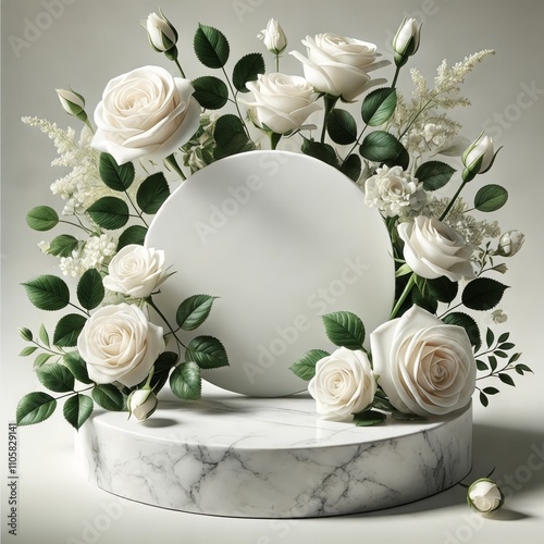 Elegant floral frame with white roses on marble pedestal
