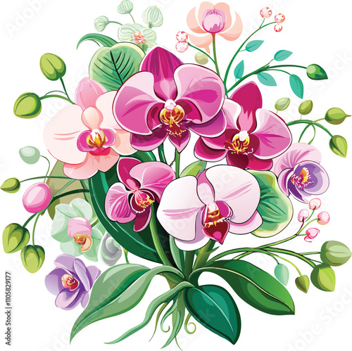 Bouquet Orchid flowers with branch vector art on white background. 