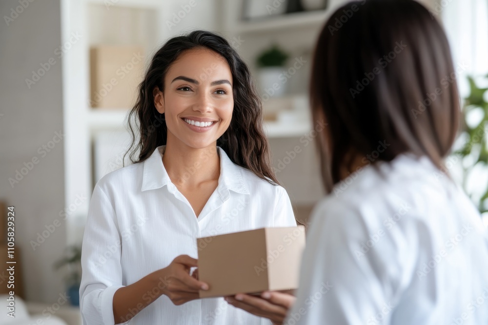 A joyful woman presents a small package while standing in a brightly lit living space, showcasing a warm and inviting atmosphere filled with homey elements. A joyful woman presents a small package while standing in a brightly lit living space, showcasing a warm and inviting atmosphere filled with homey elements.
