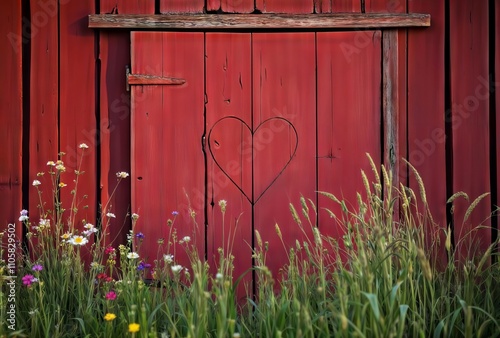 Valentine barn door. A red barn door with a heart shape carved into it, surrounded by wildflowers and tall grass. photo