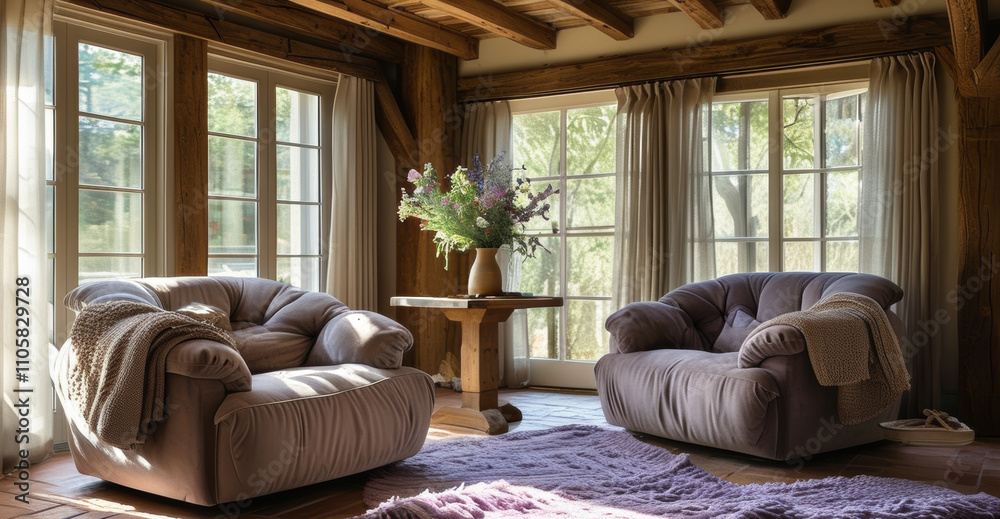 Fototapeta premium Cozy rustic living room with plush armchairs and natural light
