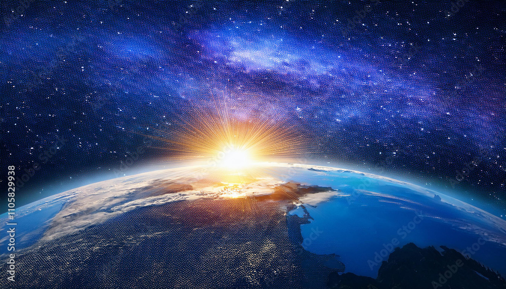 Fototapeta premium View of the Earth, star and galaxy. Sunrise over planet Earth, view from space