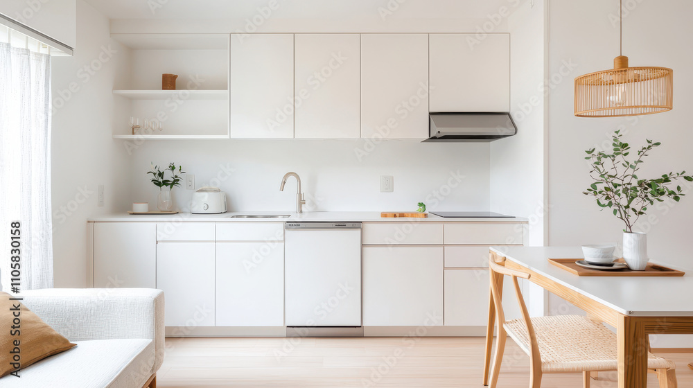 Fototapeta premium Modern kitchen interior design featuring white cabinets, stainless steel appliances, and a cozy dining area for optimal comfort.