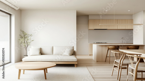 Modern interior design featuring a cozy living room, stylish furniture, and natural light enhancing the space. photo