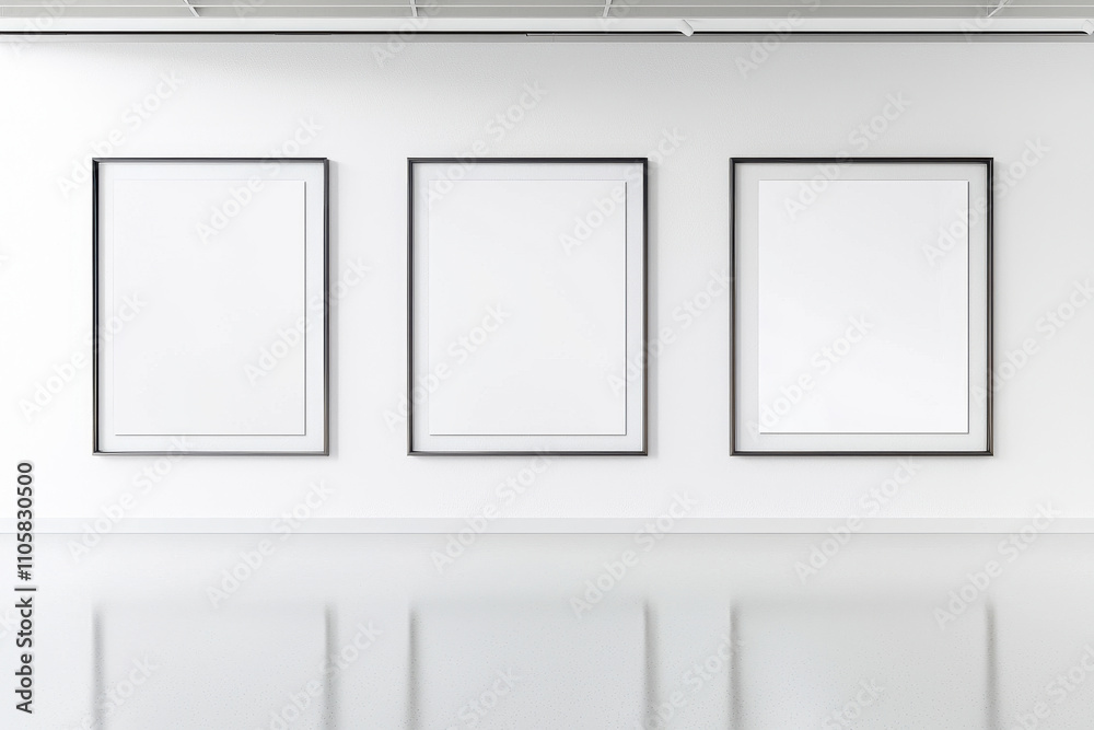 Stylish gallery with empty frames for showcasing artistic works. Stylish gallery with empty frames for showcasing artistic works.