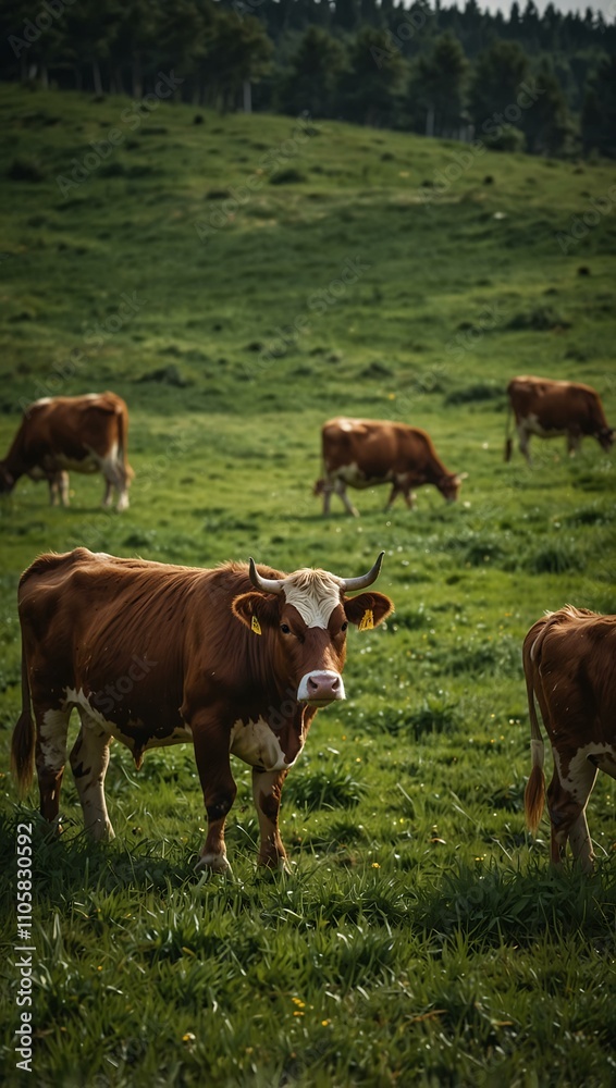 Cows grazing in a green pasture. Cows grazing in a green pasture.
